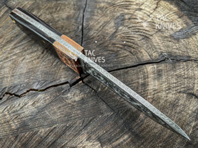 8" Skinner Knife With Hand Engraved Blade, Bull Horn Handle, Copper Bolster & Leather Sheath