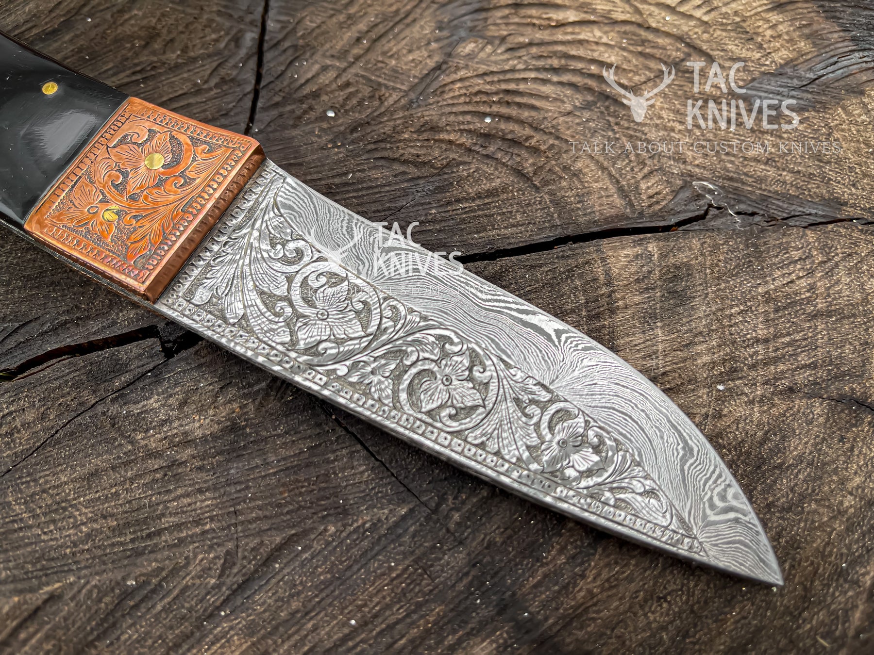 8" Skinner Knife With Hand Engraved Blade, Bull Horn Handle, Copper Bolster & Leather Sheath