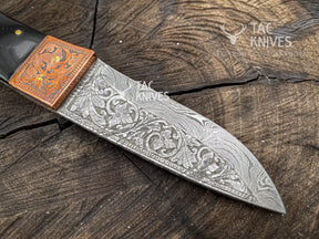 8" Skinner Knife With Hand Engraved Blade, Bull Horn Handle, Copper Bolster & Leather Sheath