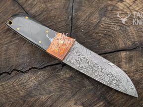 8" Skinner Knife With Hand Engraved Blade, Bull Horn Handle, Copper Bolster & Leather Sheath