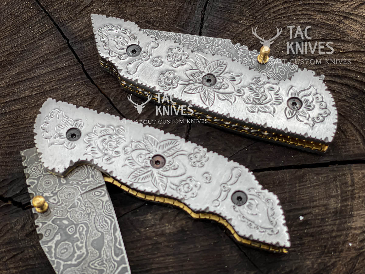 3.5" Damascus Pocket Knife With Hand Engraved Steel Handle & Leather Sheath