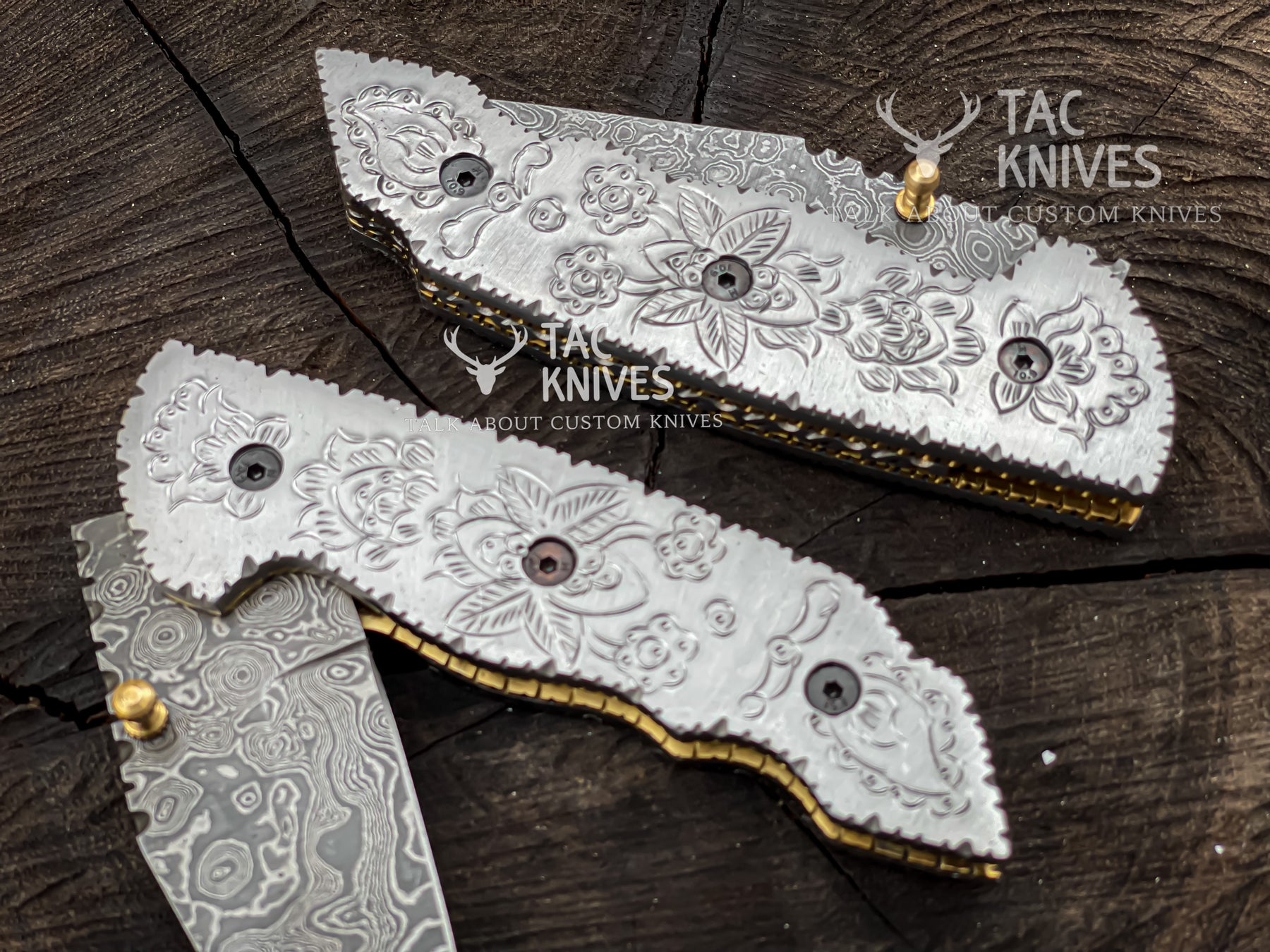 3.5" Damascus Pocket Knife With Hand Engraved Steel Handle & Leather Sheath