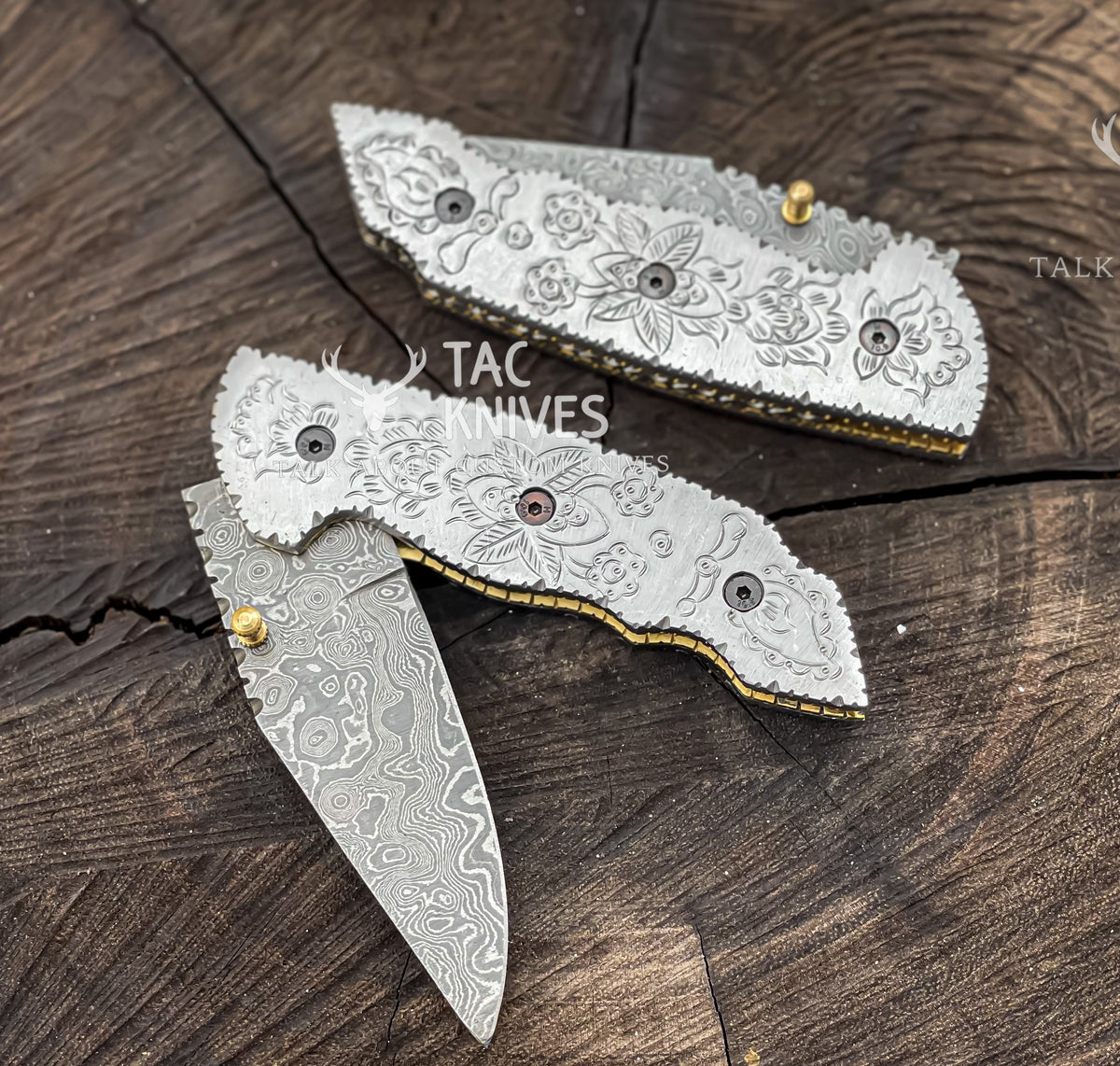 3.5" Damascus Pocket Knife With Hand Engraved Steel Handle & Leather Sheath