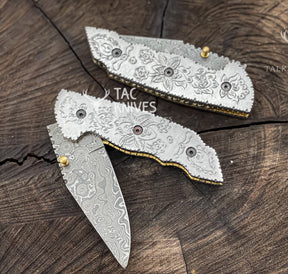 3.5" Damascus Pocket Knife With Hand Engraved Steel Handle & Leather Sheath
