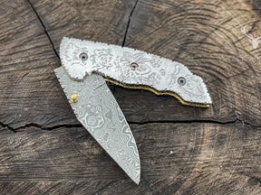 3.5" Damascus Pocket Knife With Hand Engraved Steel Handle & Leather Sheath