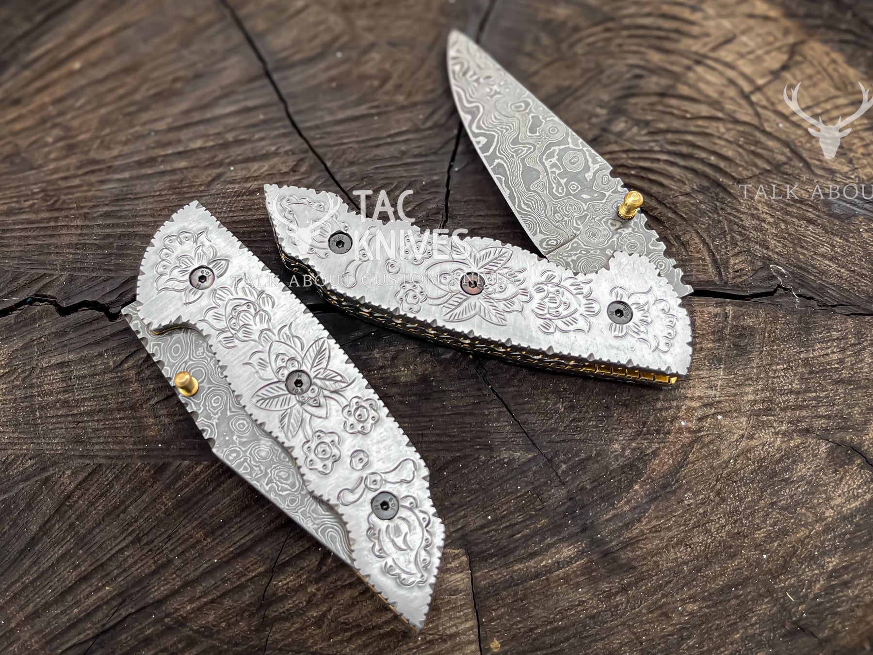 3.5" Damascus Pocket Knife With Hand Engraved Steel Handle & Leather Sheath