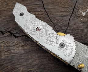 3.5" Damascus Pocket Knife With Hand Engraved Steel Handle & Leather Sheath