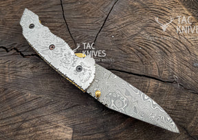 3.5" Damascus Pocket Knife With Hand Engraved Steel Handle & Leather Sheath