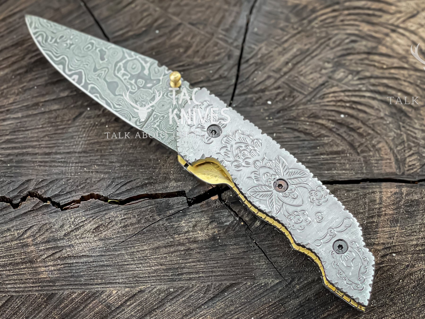 3.5" Damascus Pocket Knife With Hand Engraved Steel Handle & Leather Sheath