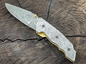 3.5" Damascus Pocket Knife With Hand Engraved Steel Handle & Leather Sheath