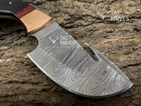 8'' Damascus steel gut hook hunting knife with leather sheath with buffalo horn