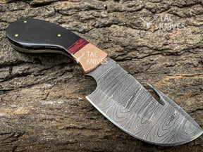 8'' Damascus steel gut hook hunting knife with leather sheath with buffalo horn