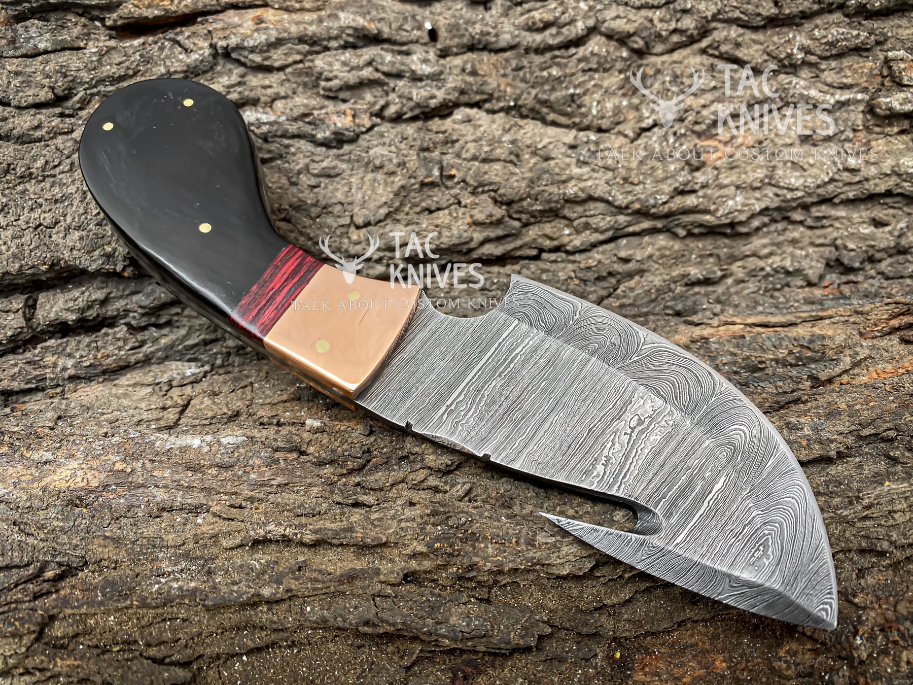 8'' Damascus steel gut hook hunting knife with leather sheath with buffalo horn