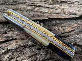 Raindrop Damascus Folding Knife With Texas Flag Handle & Leather Sheath