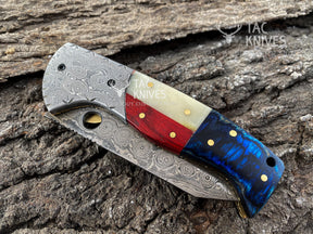 Raindrop Damascus Folding Knife With Texas Flag Handle & Leather Sheath