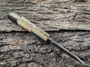 Raindrop Damascus Folding Knife With Texas Flag Handle & Leather Sheath