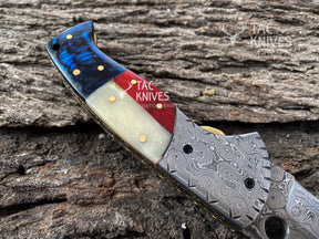 Raindrop Damascus Folding Knife With Texas Flag Handle & Leather Sheath