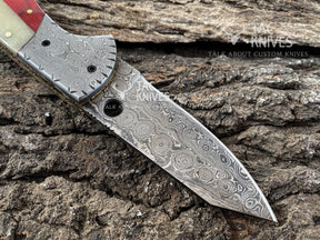 Raindrop Damascus Folding Knife With Texas Flag Handle & Leather Sheath
