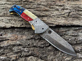 Raindrop Damascus Folding Knife With Texas Flag Handle & Leather Sheath